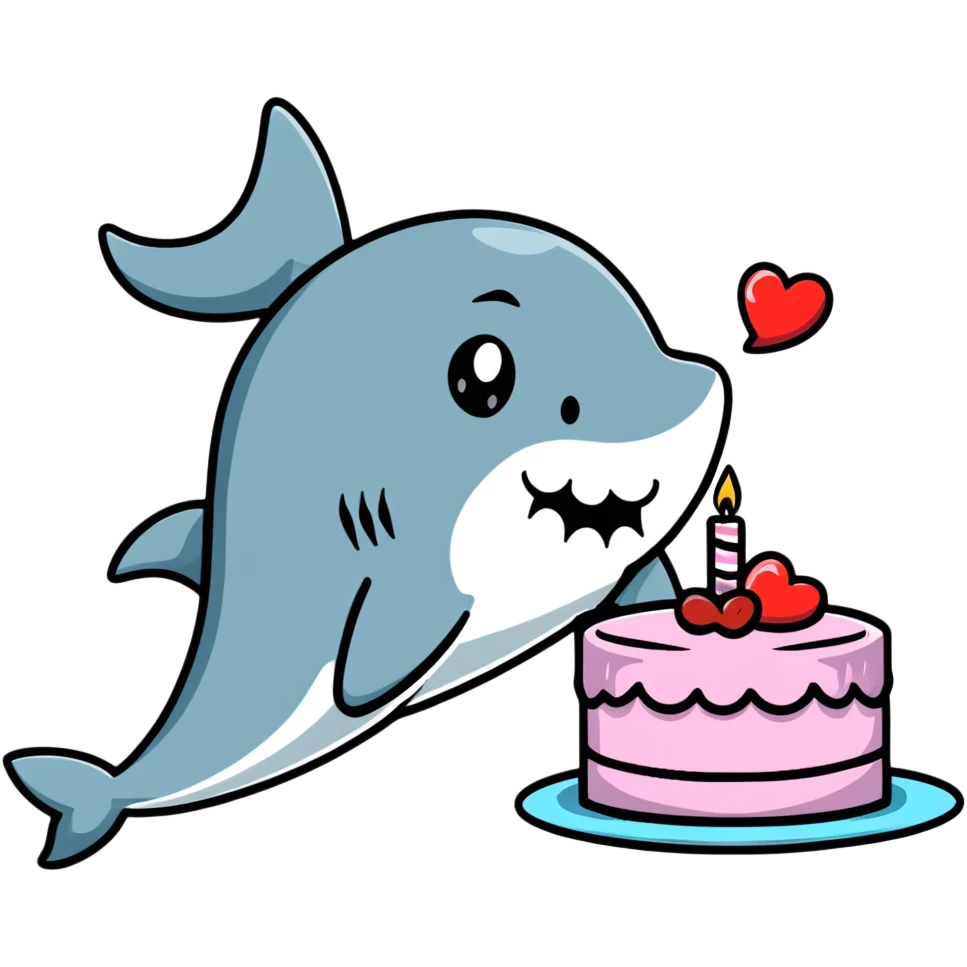 cartoon shark with lips puckered, directly kissing a frosted birthday cake emoji