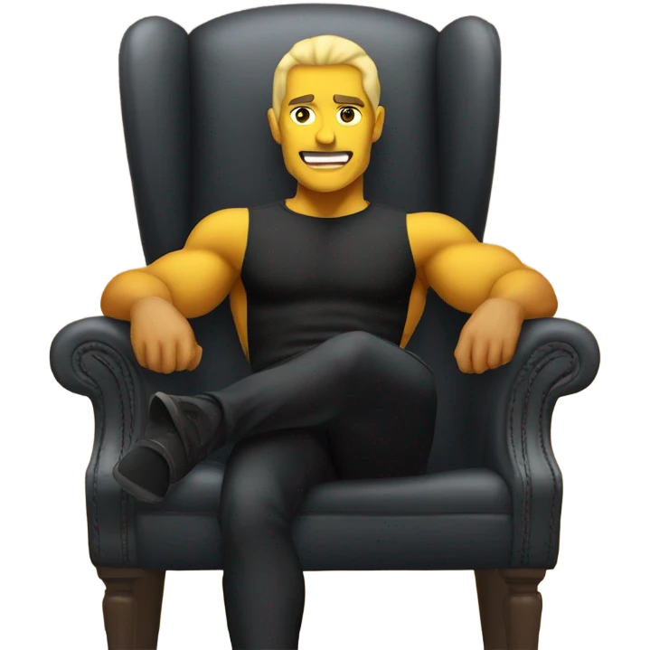 yellow muscle man in black turtleneck shirt sitting in chair emoji