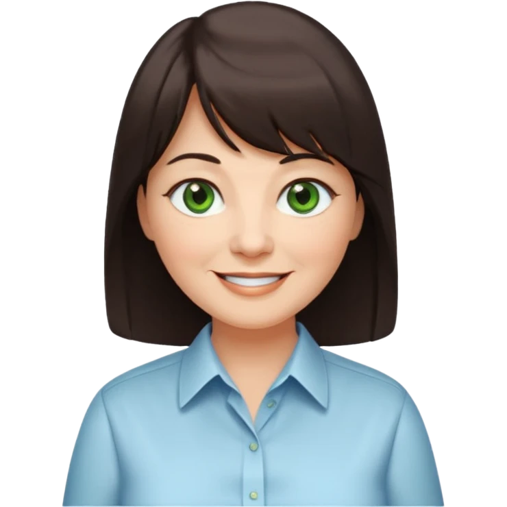 60 yr old woman, green eyes, long straight dark brown hair, business shirt, chubby, bangs emoji