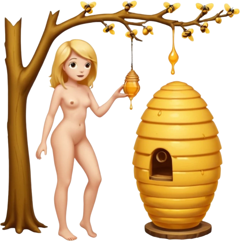 A full body naked women looking at a beehive hanging by a branch from a tree emoji