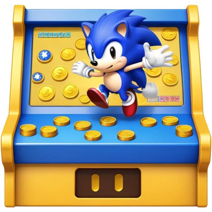An icon showing a retro arcade screen with pixelated characters like a speedy hedgehog Sonic jumping and collecting coins. The game environment includes obstacles, power-ups, and vibrant colors, evoking the excitement and nostalgia of classic arcade games. transparent background. emoji