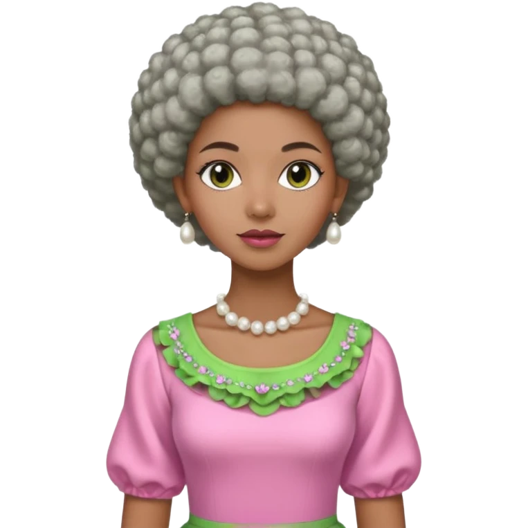 Pretty Brown woman with a very very short stylish gray Afro  wearing pink and green dress  and pearl blouse with sleeves emoji