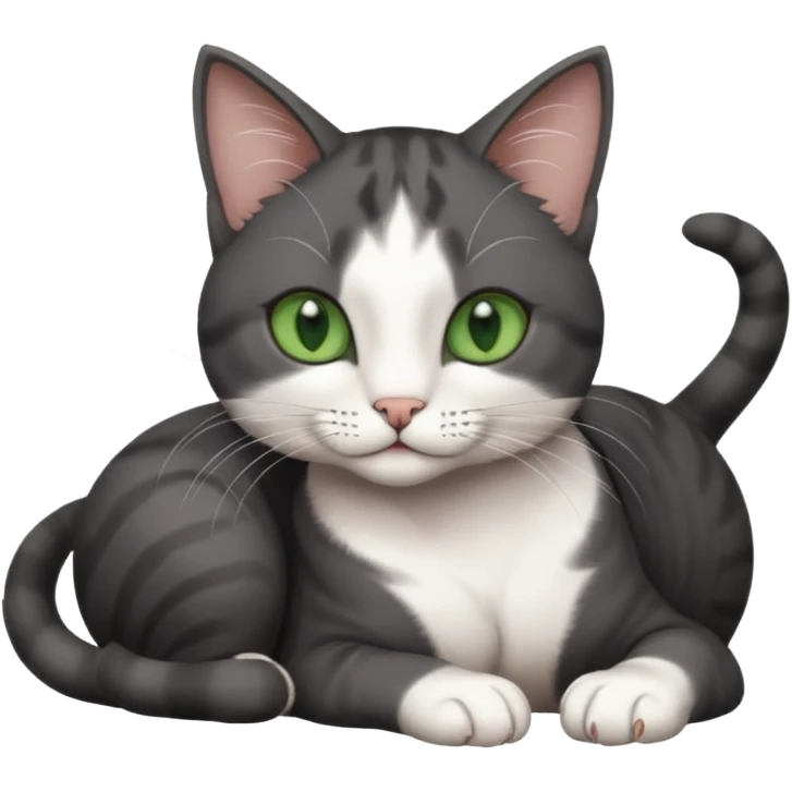 beautiful female solid dark grey cat with green eyes, white toes/paws and white patch on her chest rolling over emoji