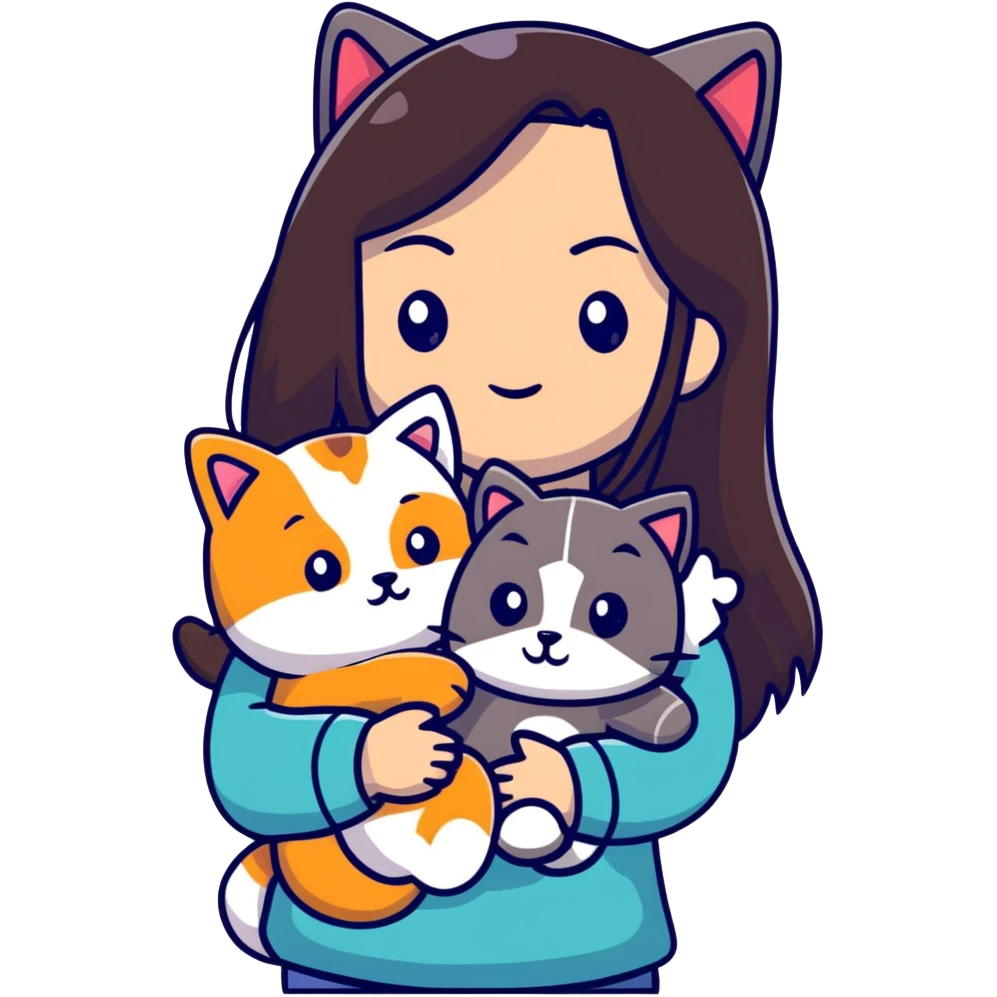 Woman with long dark hair holding pets: teddy bear, dog, and cat emoji