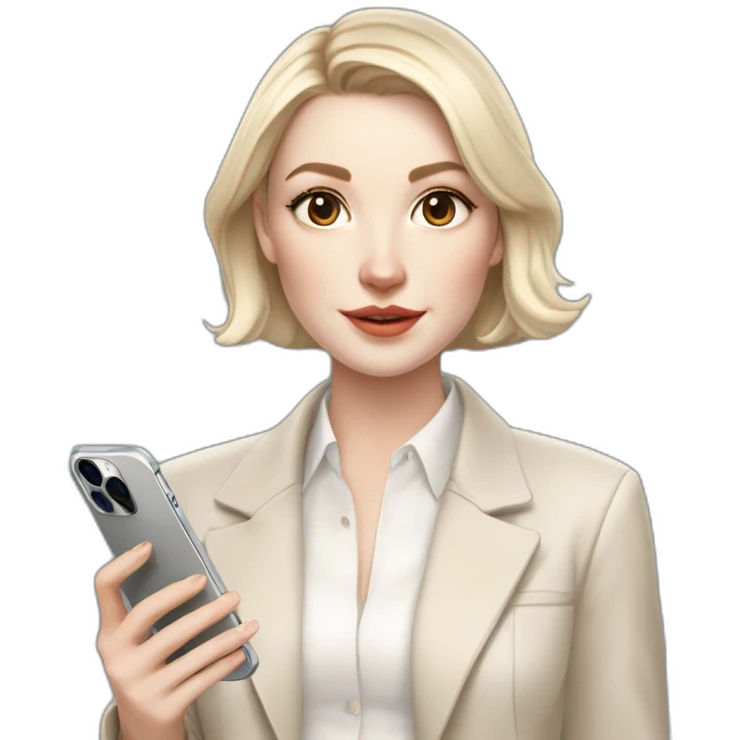 pale skin woman with ash blonde Straightened bob Hair, White Spacious classical jacket, beige palazzo Arrow pants and gray blouse holding white IPhone 14 pro in the hands emoji