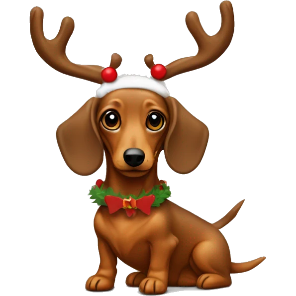 Mini long haired tan dachshund dressed like Rudolph emoji