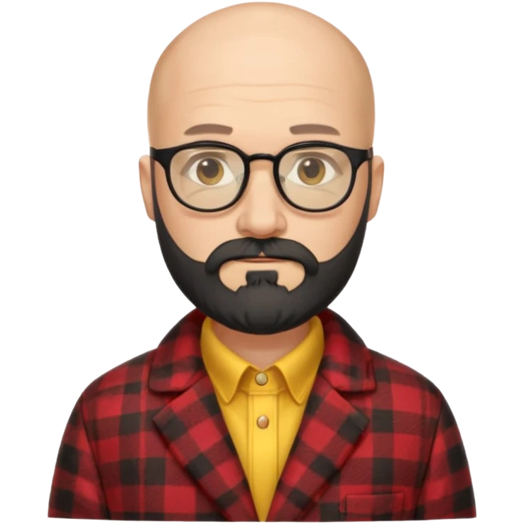 Un profesor calvo, que tenga barba abundante de color negro, lleva gafas con el cristal de color amarillo y un abrigo de cuadros rojo emoji