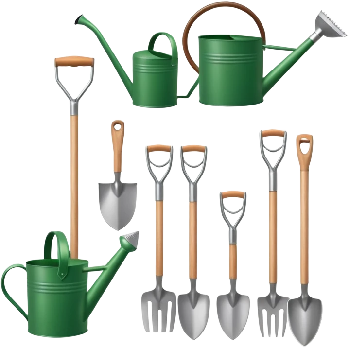 gardening tools collection with shovel rake watering can emoji