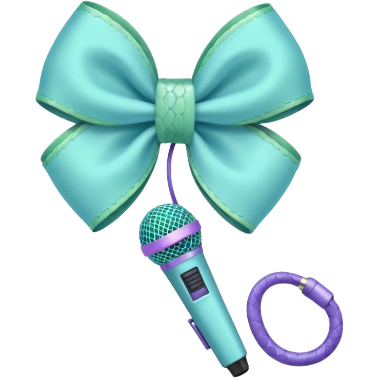 A pastel blue bow with a pastel a pastel green snake at the top of one side and a pastel purple microphone on the bottom of the other side of the bow emoji