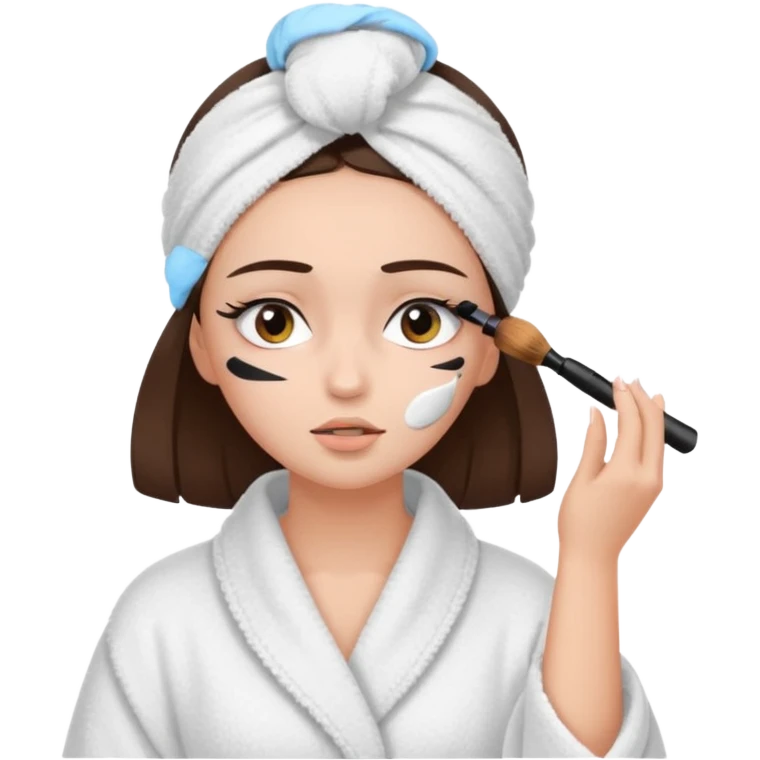 Girl with brown hair in white dressing gown and white towel wrapped in her head doing her makeup. Eyes closed white dark hair and towel wrapped differently doing mascara emoji
