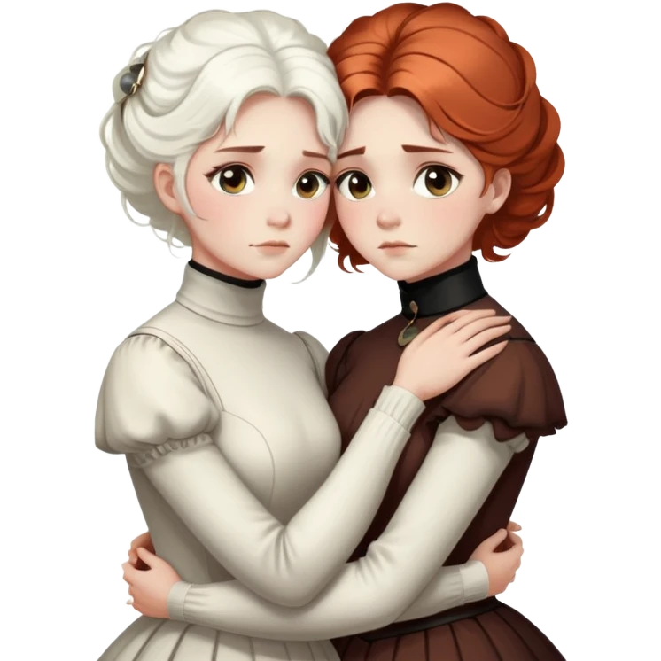 two Victorian women with light eyes, one with bright white coiffed hair and one with dark copper coiffed hair, wearing Victorian turtleneck dresses, embracing in a sad, intimate hug emoji