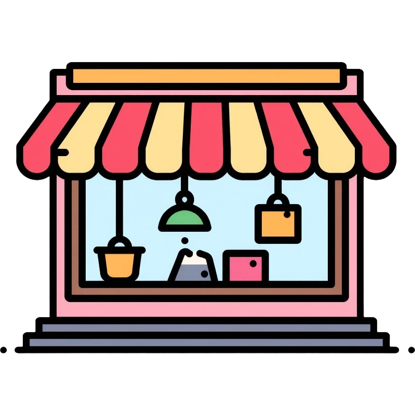 Retail shop window with display items and decorations emoji
