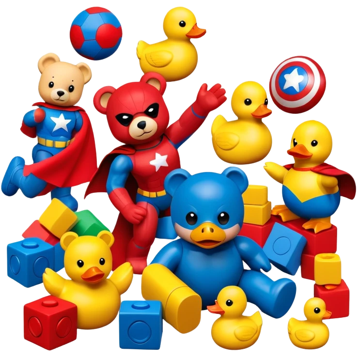 various colorful toys scattered together - teddy bear, rubber duck, toy blocks, ball, and action figures emoji