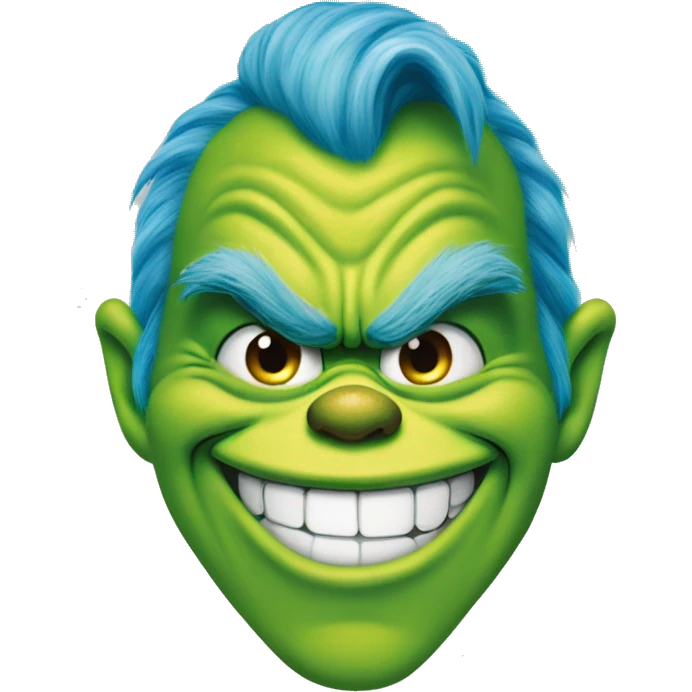 The Grinch smirking mouth closed and blue hair emoji