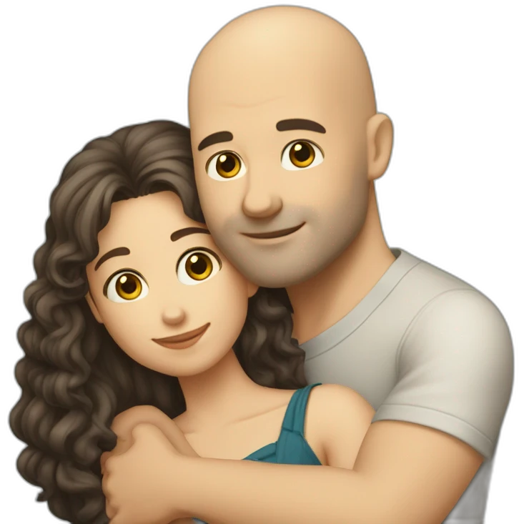 caucasian bald man and a caucasian woman with long curly dark hair and bangs hugging emoji