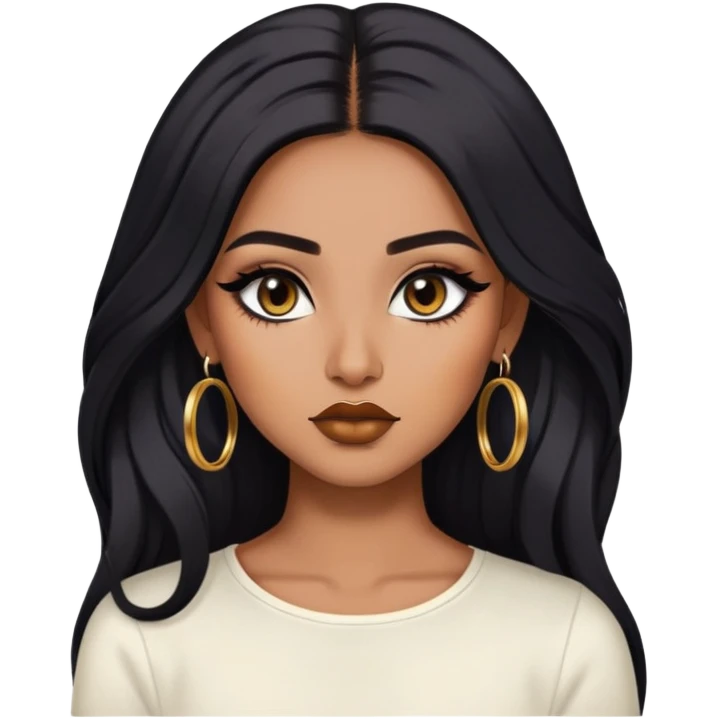 indian girl, brown skin, long black voluminous hair, brown underneath colored hair, baddie,pretty, makeup, lipliner, black eyeliner, gold hoop earrings, white top emoji