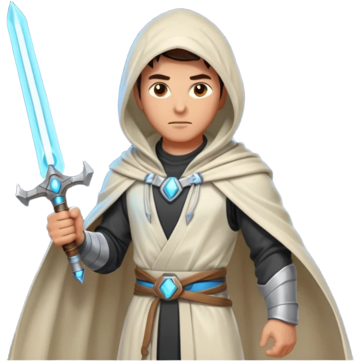 sci-fi space warrior human, glowing energy sword, hooded robe, heroic stance, 3D cartoon, mobile game character icon, clean background, no text
 emoji