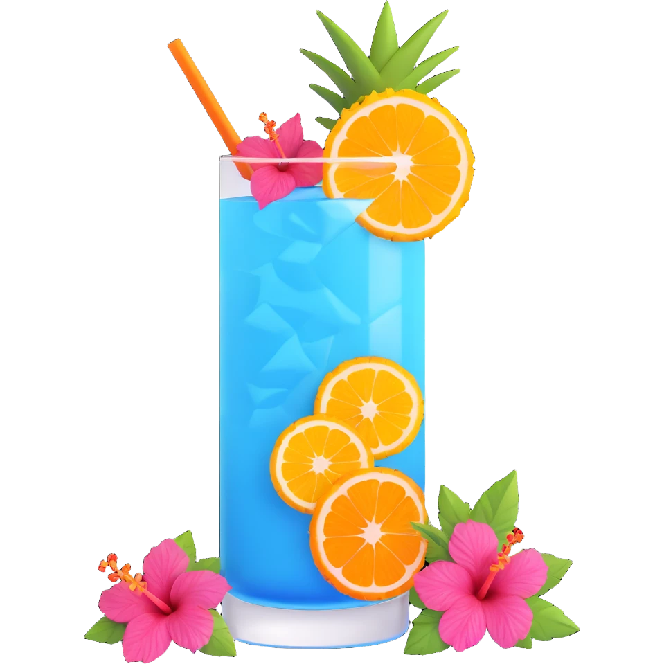 vibrant tropical fruity blue cocktail with hibiscus, pineapple and orange garnishes emoji