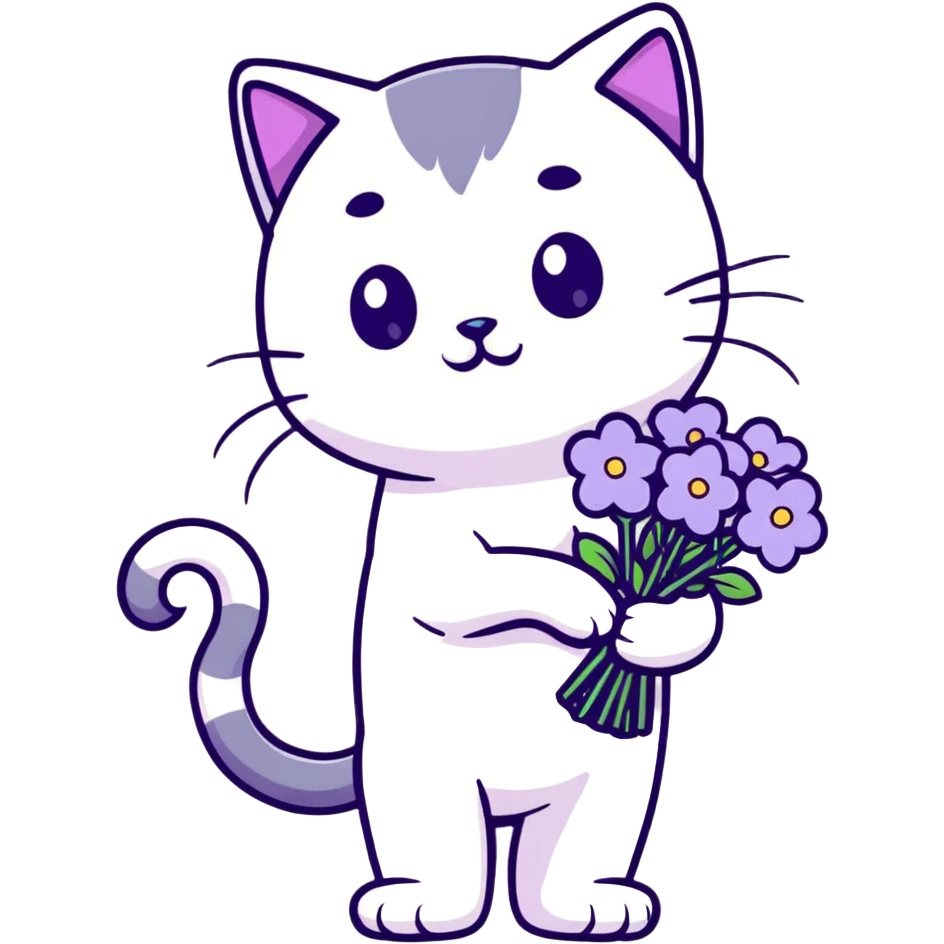 cat holding a bouquet of purple lilac flowers in hand, sticker style emoji