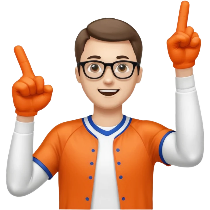 A slim man with glasses, pumping the foam finger in the air with bright enthusiasm. emoji