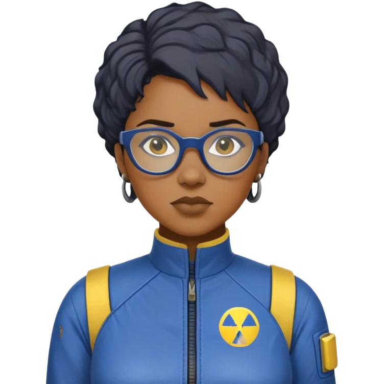 stern Black woman with short textured hair, glasses, wearing blue Fallout Vault jumpsuit with yellow trim and number on back, minimalist emoji