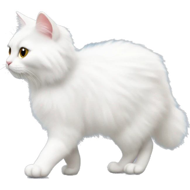 Fluffy white cat is walking to the left. It is seen from his profile  emoji