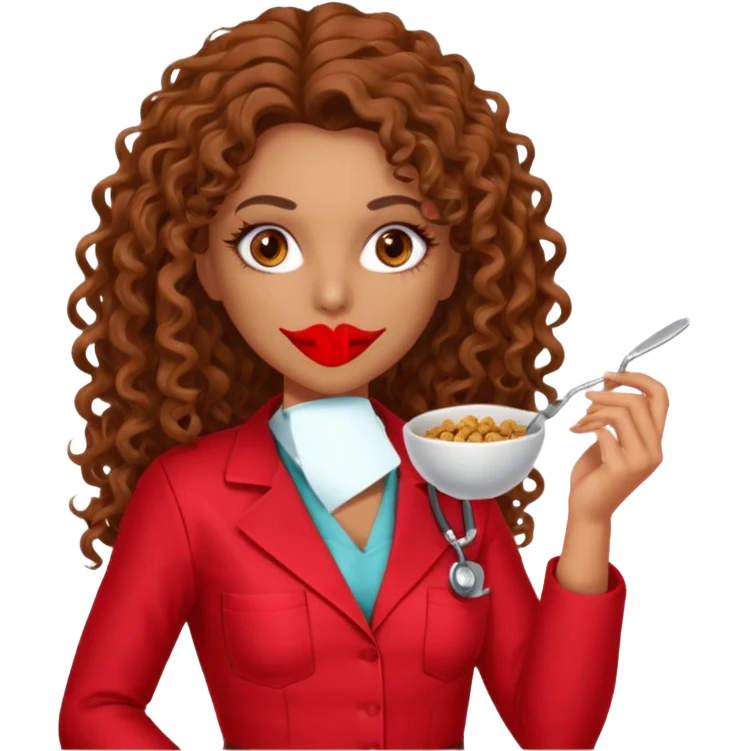 Sensual Spanish Lilith core evil surgeon.red outfit.  Surgeon has hazel eyes. Her hair is BROWN. Hair is also  long and  curly. wearing a sexy surgeon outfit with platform heels.she is a calculated smart cereal killer. She covers only her mouth and nose to hide identity  emoji