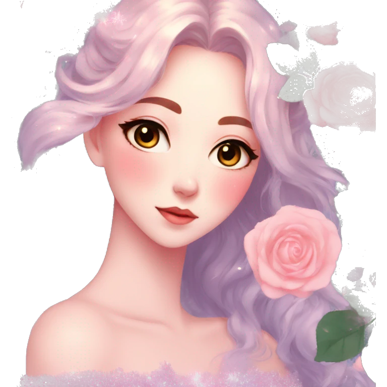 Gorgeous pastel anime style lady with blushing face and roses leaves glitter sparkle aesthetic trending style emoji