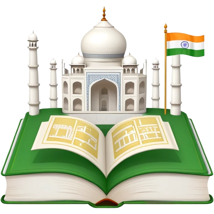 An icon featuring the Taj Mahal and the flag of India, symbolizing the Hindi language. The design includes an open book with hindi text, representing language learning and cultural richness. Transparent background highlights the heritage of India. emoji