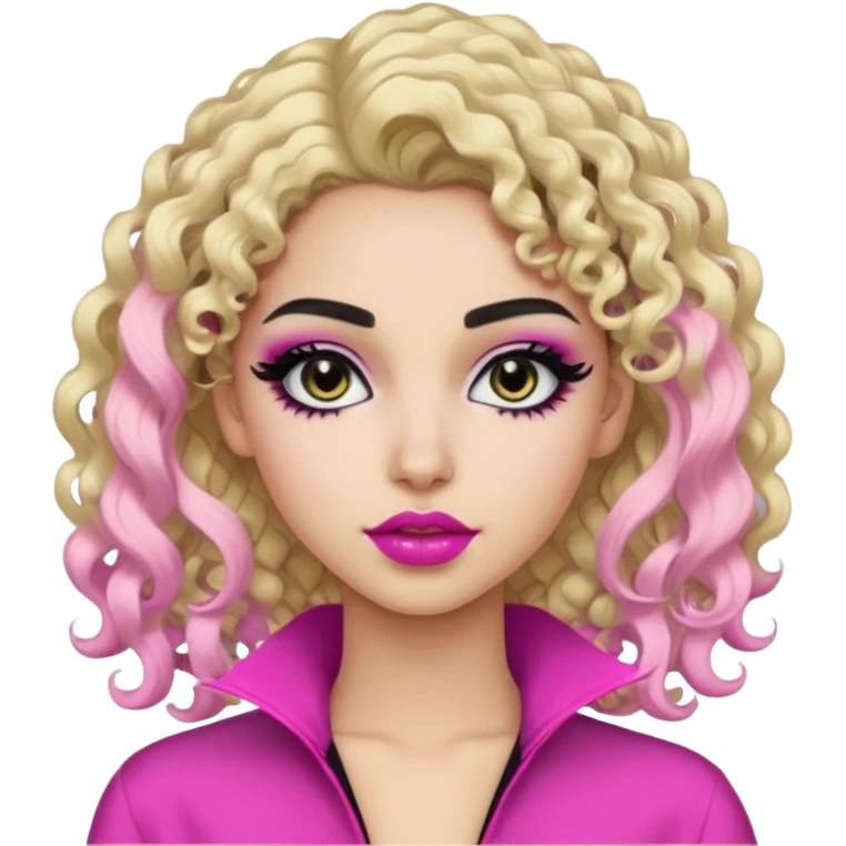 Pale Saudi beauty, pretty baddie, black eyeliner pink lips, split dye leftside blonde rightside black curly hair emoji