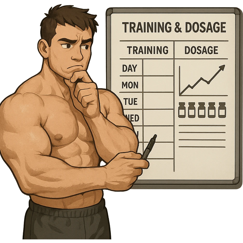 muscular young man in front of whiteboard with training and dosage chart, holding pen and looking indecisive, swollen but not sculpted muscles, study atmosphere, isolated on white background emoji