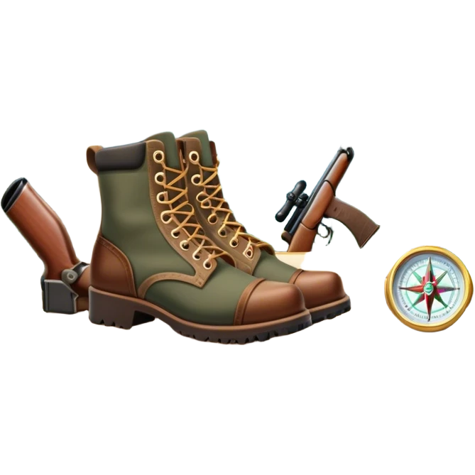 Icon for Hunting Tourism: a rifle, hunting boots, double-barrelled hunting rifle and a compass on a forest background, with a silhouette of wildlife in the distance. The icon should capture the adventure and connection with nature in hunting tourism. Transparent background. emoji