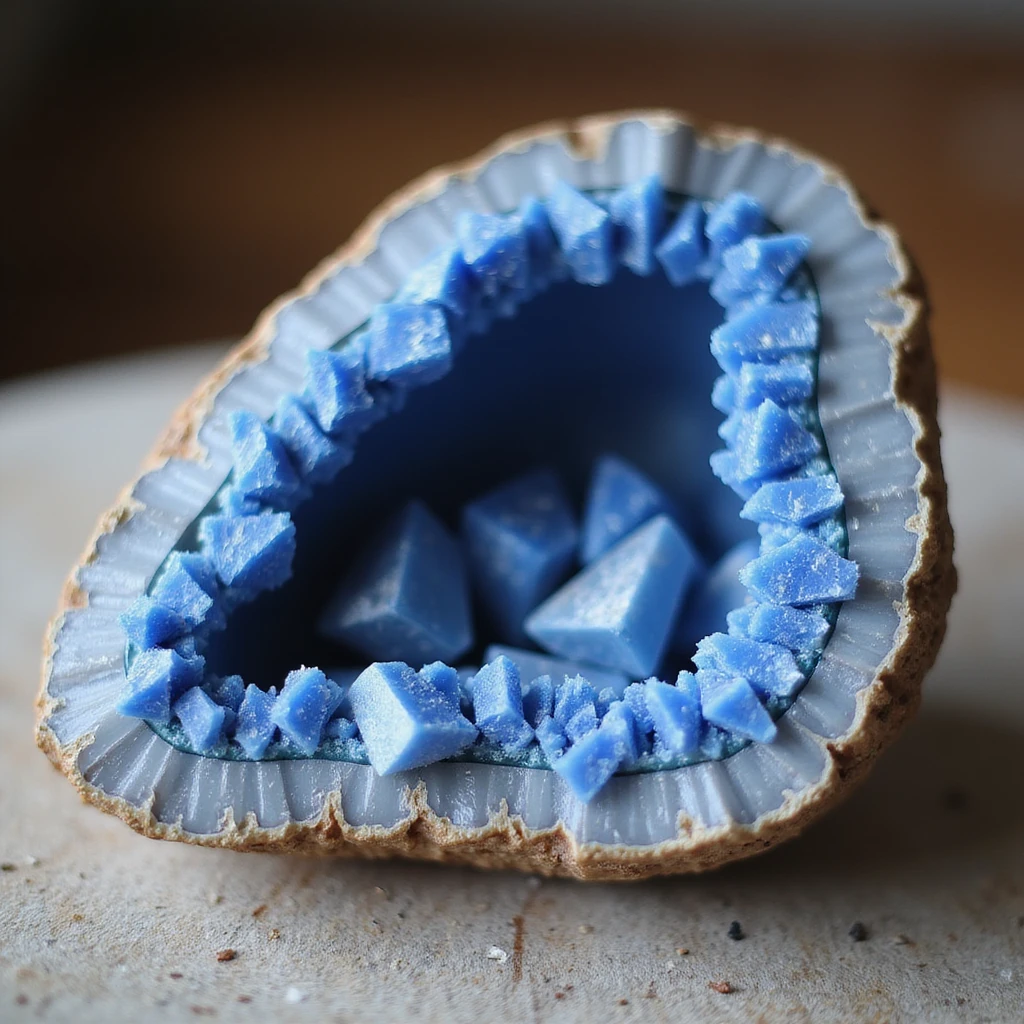 blue crystal geode, realistic, sparkling, cut open to show crystals inside emoji