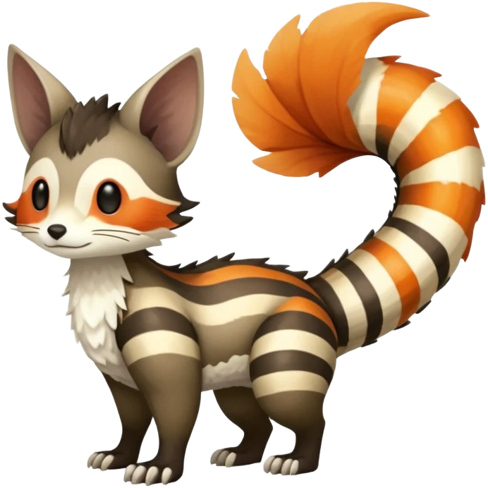 lush warm-colored Fakémon-Trico-creature (full body) with white cheek markings, white-striped tail emoji