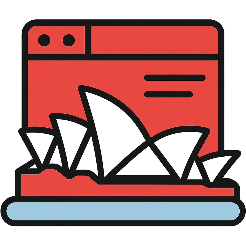 Sydney Opera House with digital page elements, tech-inspired, red and white, Microsoft Power Pages branding icon emoji