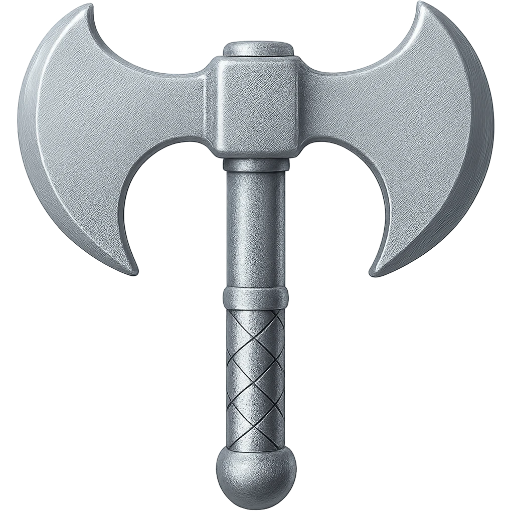 Recolor this iron battleaxe to steel: make it slightly lighter, crisp, and shiny, keep the same shape, realistic metallic steel, emoji style, transparent background. emoji