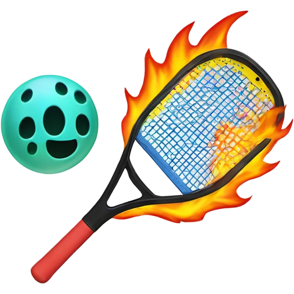 Flames and a Pickleball flying off of a non wood Pickleball paddle with no holes in it emoji