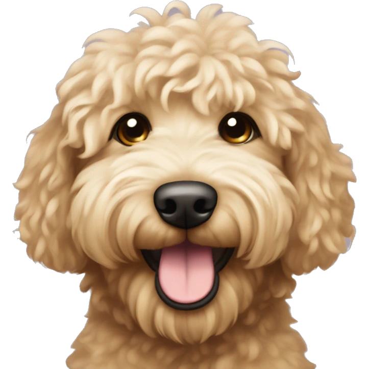 Smiling goldendoodle with short fur and a curly floof on top of head emoji