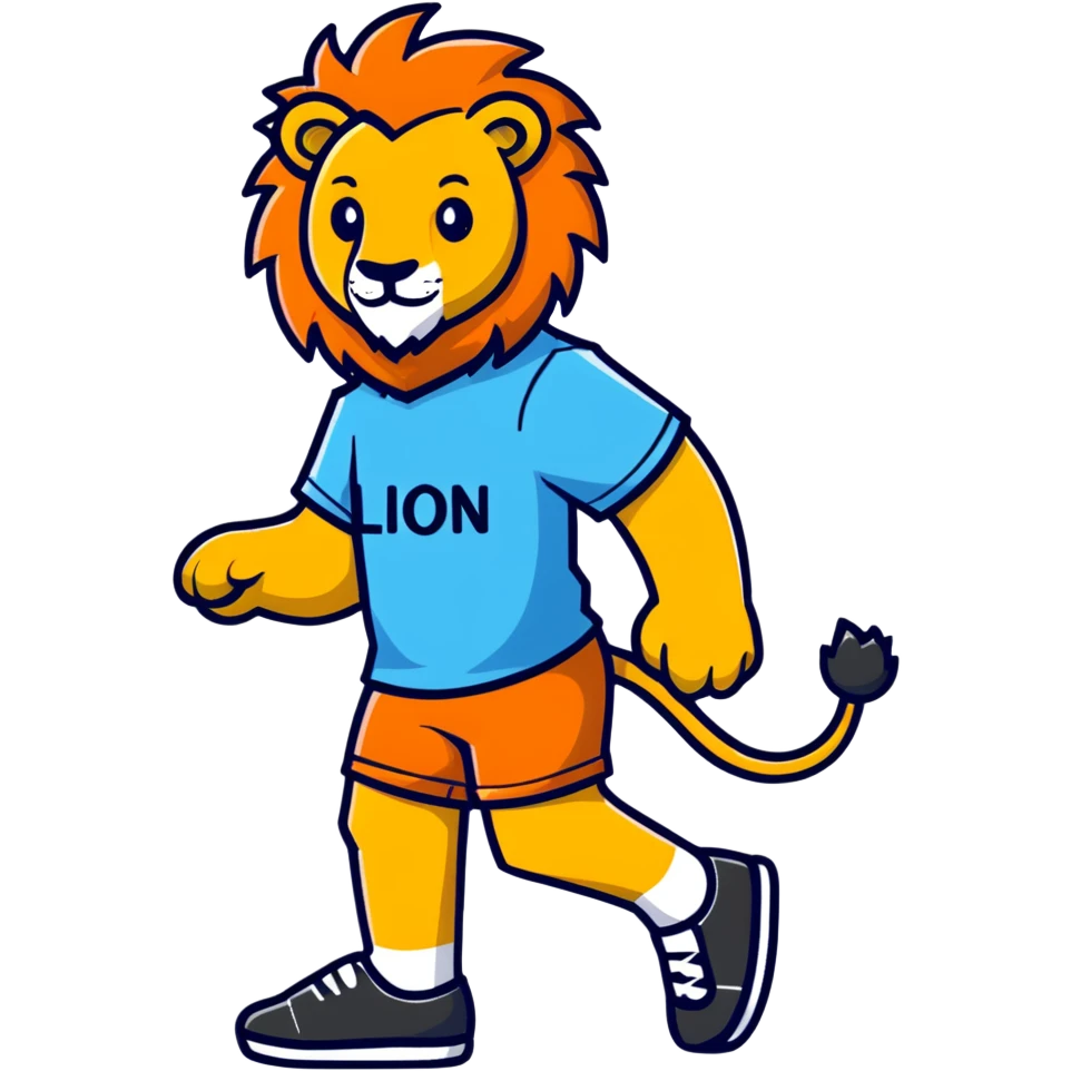 retro 1950s anthropomorphised lion in a t-shirt and shorts walking emoji