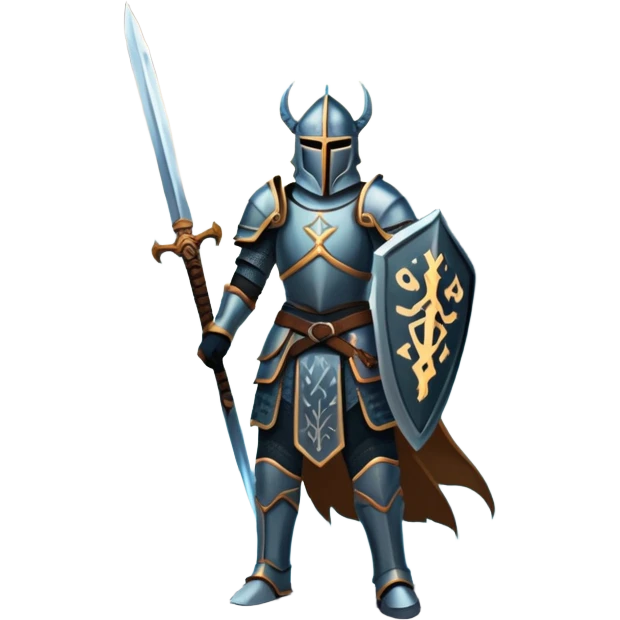 An icon representing RPG, inspired by Elden Ring. The design features a warrior in armor, holding a sword, standing in front of a mystical, dark landscape with glowing runes and a distant castle. The atmosphere evokes epic quests, exploration, and intense battles. Transparent background emoji