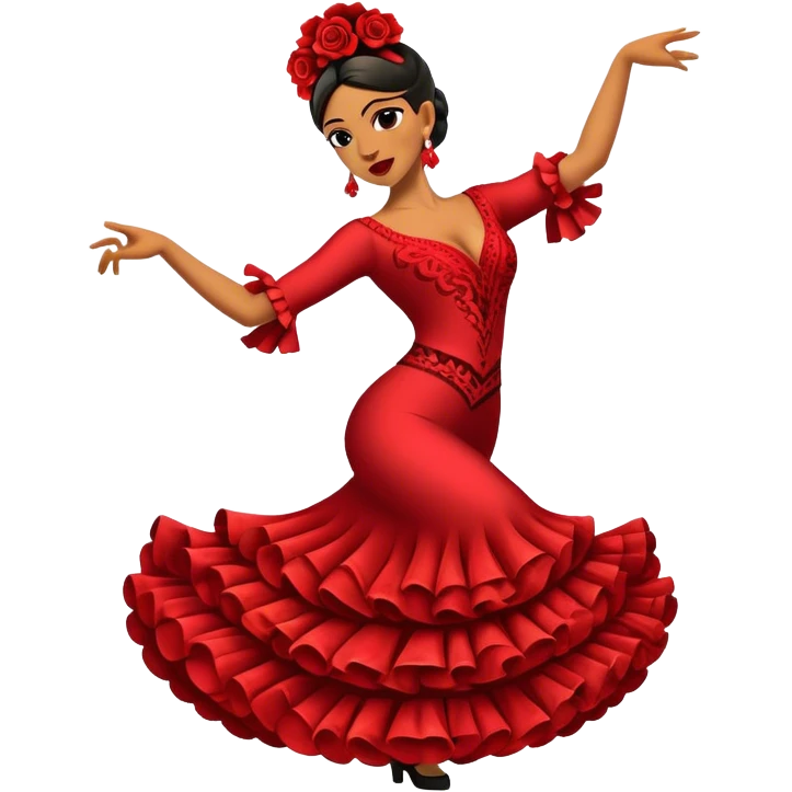 Cinematic Realistic Flamenco Dance Emoji, depicted as a passionate expressive flamenco performance with dramatic costumes and dynamic fiery movements, rendered with vibrant textures and bold energetic lighting that captures its intense rhythm. emoji
