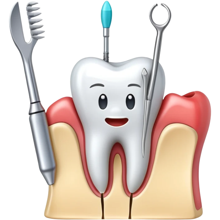 tooth with dental tools performing a root canal treatment, simple and clear emoji