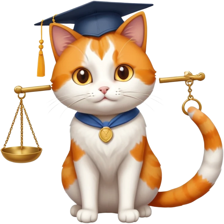 cat wearing a graduation cap, holding the scales of justice up with its tail emoji