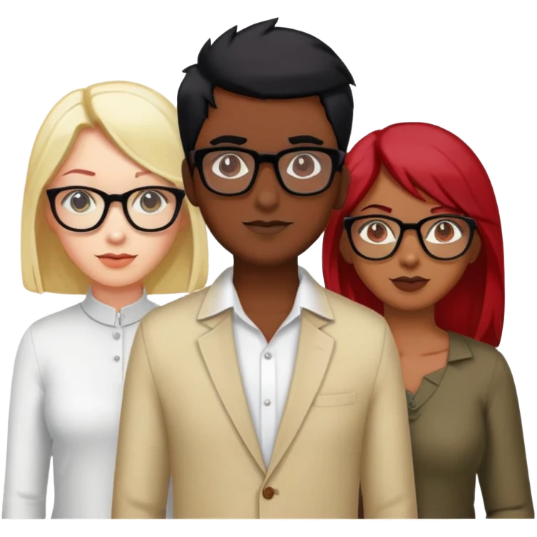 3 people. One male Indian with black hair. One female red hair glasses white. One female blonde hair glasses white  emoji
