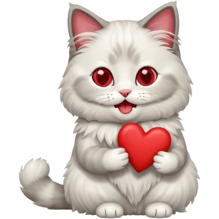 Full body ragdoll Cat holding a heart and mouth open emoji