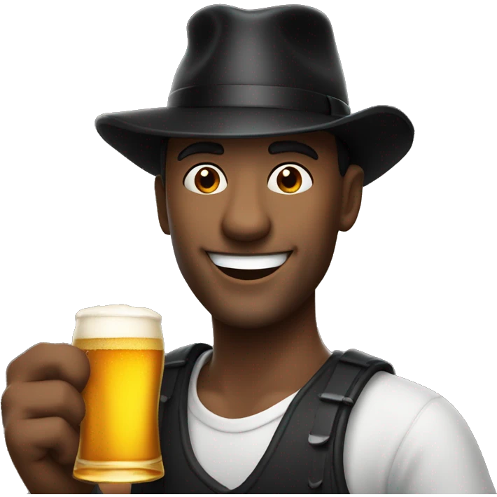 Man with a black hat holding a beer and wierdly smiling emoji