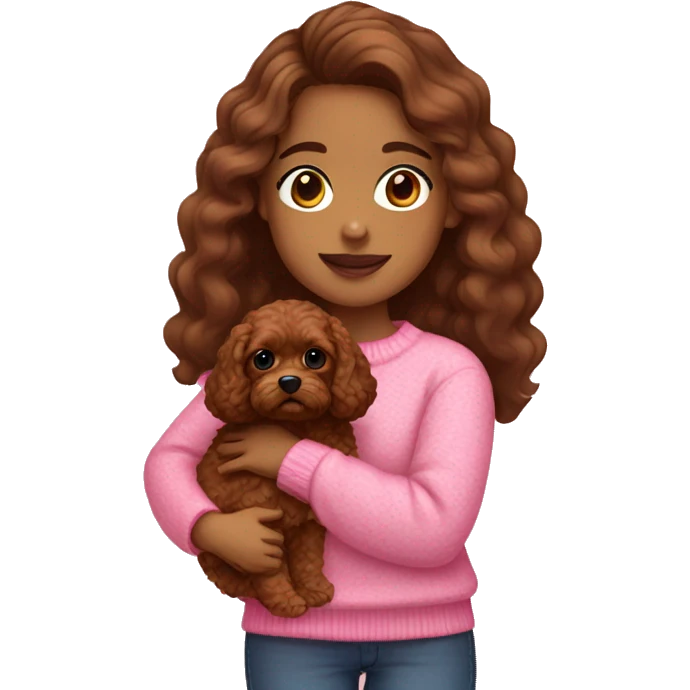 Hispanic girl holding all brown Cavapoo with pink sweaters on emoji