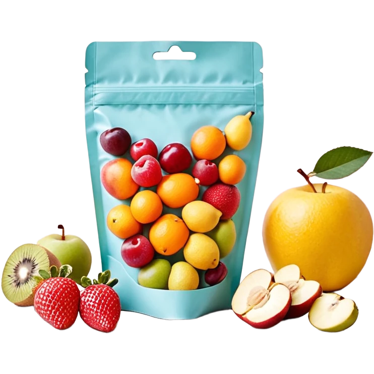 Ein weicher, bunter Standbeutel für Kinder, gefüllt mit püriertem Obstmus. Oben hat er einen kleinen wiederverschließbaren Schraubverschluss, aus dem Kinder direkt trinken oder saugen. Verpackung wie Babynahrung-Beutel aus dem Supermarkt, mit fröhlichem Obst-Design (Apfel, Banane, Erdbeere). emoji