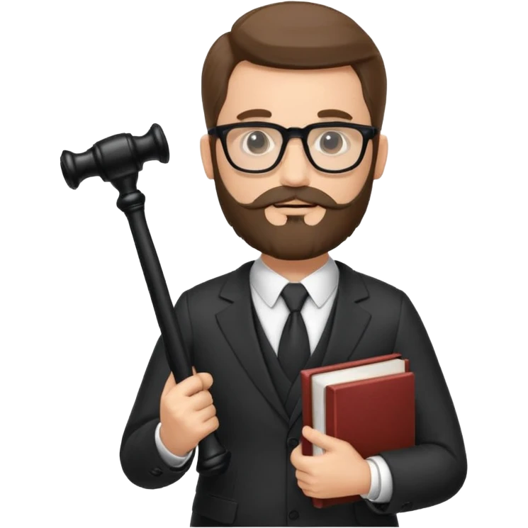 Create a male lawyer. he is wearing a fromal suit jckeret. He is holding a gavel in one hand and a book tucked under his another arm. He has beard and glasses emoji