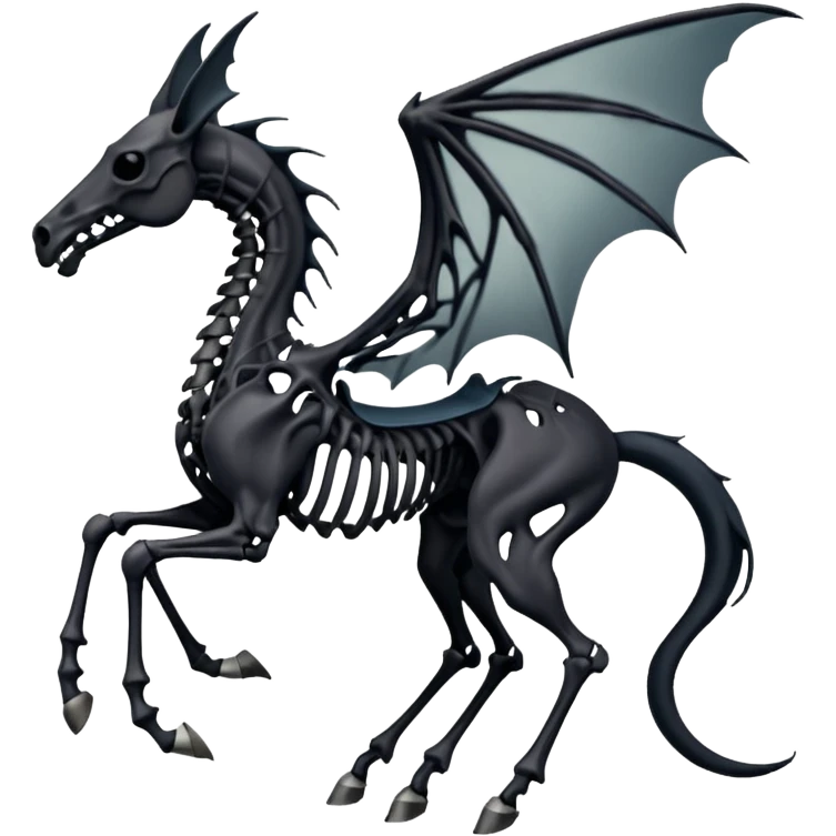 thestral: Winged horses visible only to those who have witnessed death and understand its significance. Can u make it thinner? Like an achal tekkine? Long legs, wings like from a bat, head like a sekeleton horse emoji